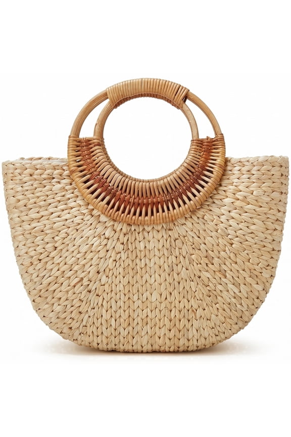 Natural Handwoven Straw Tote Bag, Round Rattan Top Handle Mini Moon Shaped Hobo Bag for Women Beach Vacation 2026 Summer(Mini)