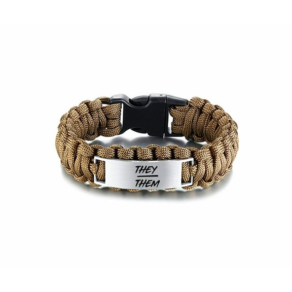 They Them Pronoun Bracelet - Handmade Braided Paracord Non-Binary Cuff Bangle - NB Pride Genderqueer Gender Identity Wristband - Pronouns Jewelry Gifts for Men Friends, 9'', Brown