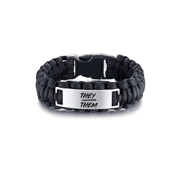 They Them Pronoun Bracelet - Handmade Braided Paracord Non-Binary Cuff Bangle - NB Pride Genderqueer Gender Identity Wristband - Pronouns Jewelry Gifts for Men Friends, 9'', Black