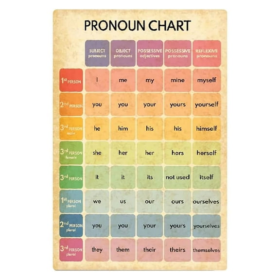 Pronoun Chart Retro Student Grammar Study Guide English Classroom Education Posters Club Office Study Wall Decor