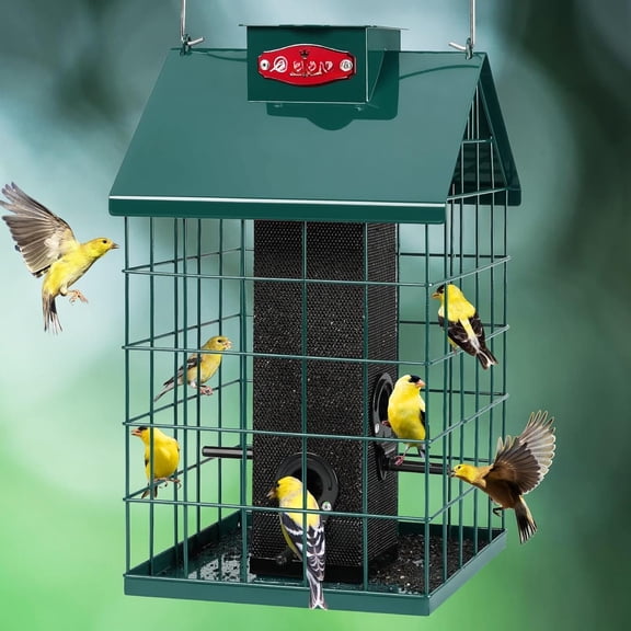 Proof Caged Bird Feeder for Outdoor  - Weatherproof  Mesh Tube Finch Bird Feeder with 4 Ports for Nyjer/Thistle , Small Birds Goldfinches, Chickadees,