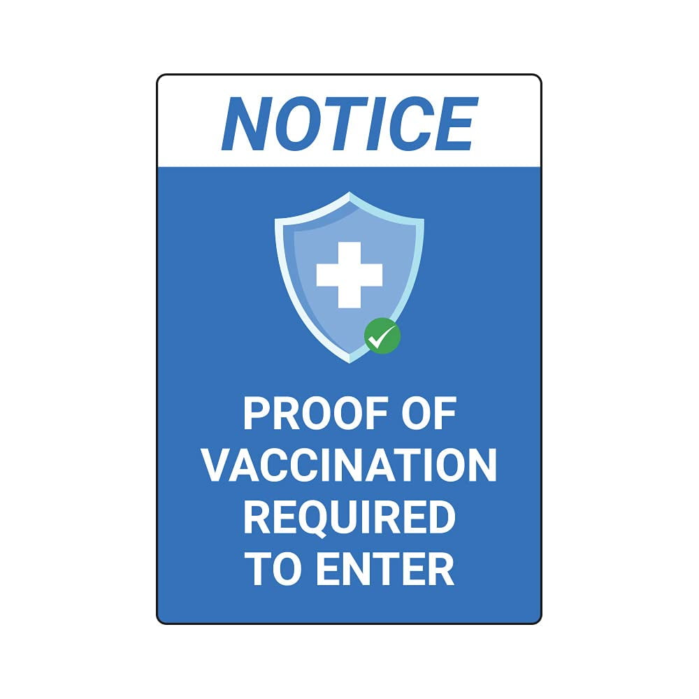 Proof of Vaccination Required to Enter Window Sticker - Pack of 5 Decals - Blue Design - 10 x 7 Inch Rectangle - Indoor Only - Removable Adhesive Vinyl - Online Labels