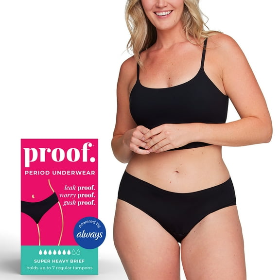Proof Women's Super Heavy Absorbency, Brief Period Underwear, Black, Choose Your Size