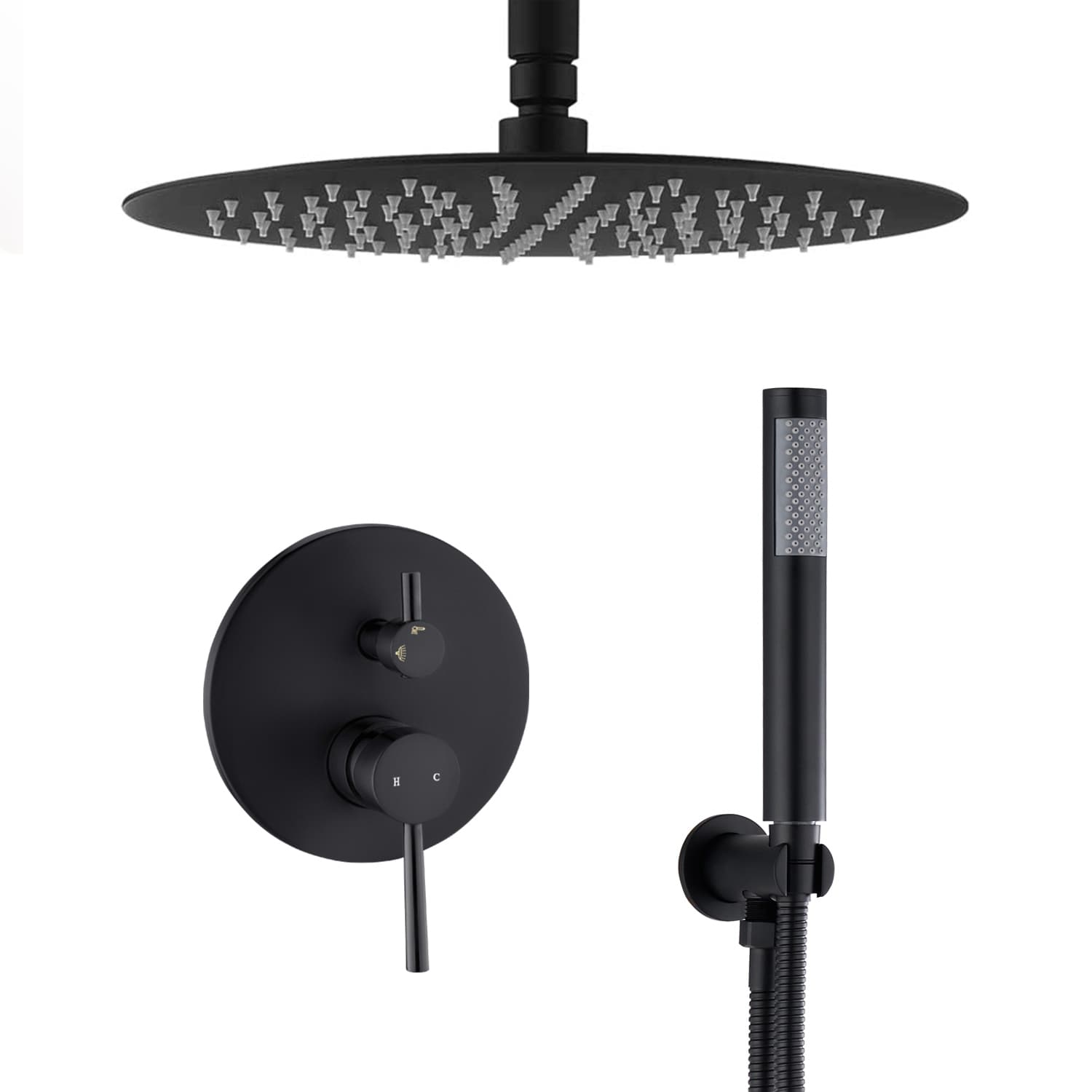 Gotonovo 12'' Round Rainfall Shower Faucet Set With 6 Body Jets Wall Mounted Matte Black Rain Shower Head With Handheld Shower Luxury Shower Combo Set Rough-in Included Cylindrical Handheld Spray - View #11
