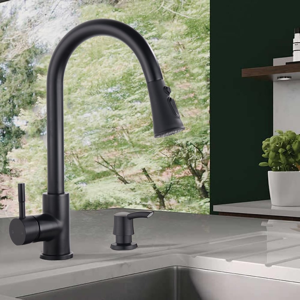 Matte Black Stainless Steel Pull-Down Kitchen Faucet with Soap Dispenser