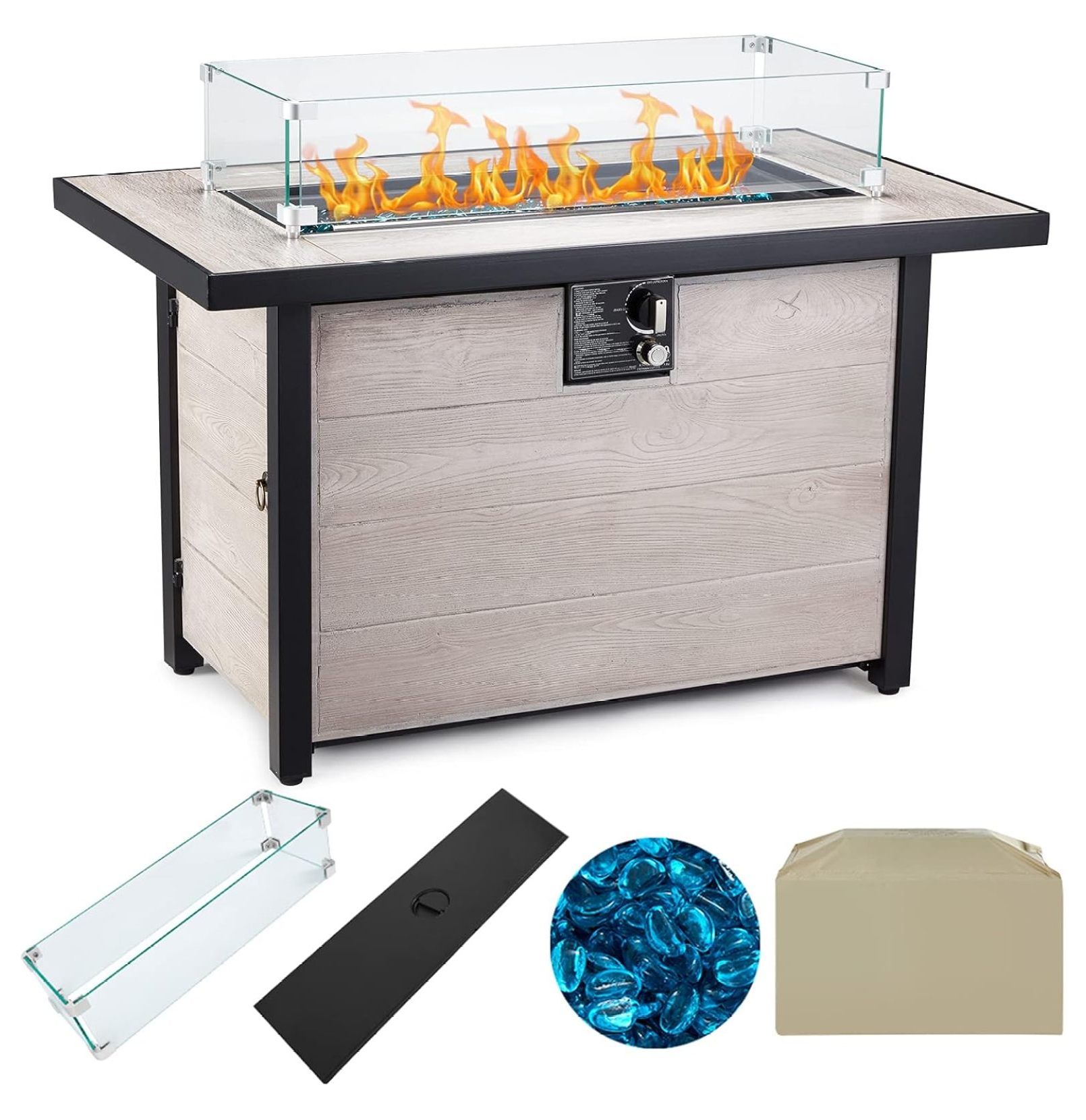 Propane , 42 inch 50,000 BTU Gas Table with Glass Wind Guard, Table Lid