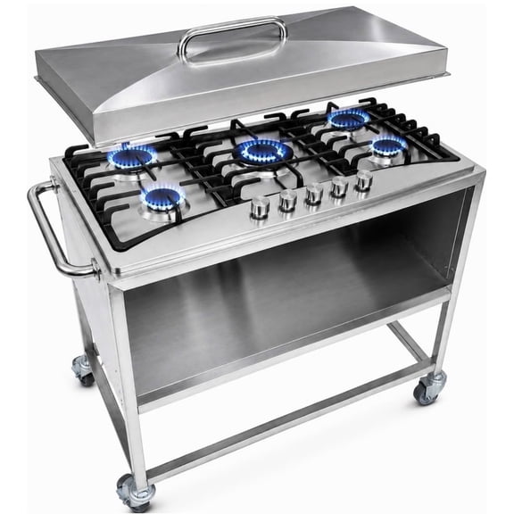 Propane 5 Burner Stove Cart | Portable Mobile Cooking Food Cart | Heavy Duty 304 Stainless Steel | 36,000 BTU Total | Outdoor Cooking Station | CSA Approved | Catering, Vending, Backyard, and More