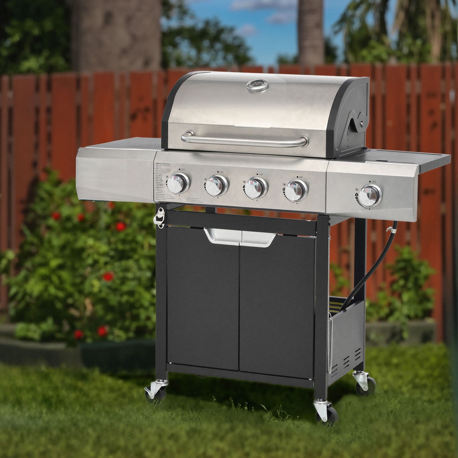 Propane Barbecue Grill with 4 Burners and Side Burner, Perfect for Outdoor BBQ Gatherings and Camping