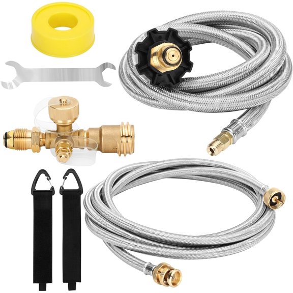 Propane Brass Tee 4 Port Adapter Kit with 5FT and 12FT Stainless Braided Hoses,Extend a Stay Rv Propane Kit for Tank RV Camping Connecting Auxiliary Propane Bottles and Appliances