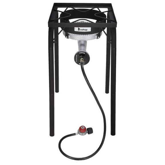 Propane Burner Stove, Propane Gas Cooker, Outdoor Camp Stove High Pressure Propane Burner Adjustable PSI Regulator and 4ft Leather Braided Hose (Single Burner 200000-BTU)