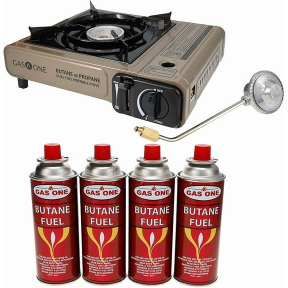 Propane or Butane Stove GS-3400P Dual Fuel Portable Camping and Backpacking Gas Stove Burner with Carrying Case Great for Emergency Preparedness Kit (Gold) (Stove + 4 Butane Fuel)