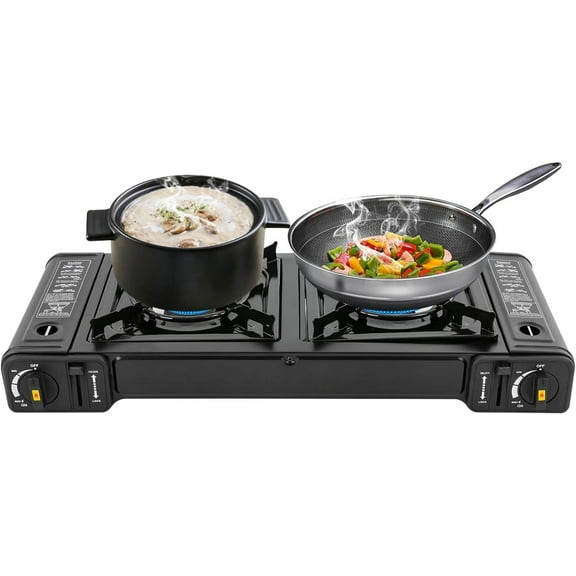 Propane Cooktop with Case, Portable Camping Stove 2 Burner Indoor Propane Stove, Outdoor Activity Cooking Stove Butane Camping StoveAuto Ignition Fast Heating High Safety for Picnic Camping