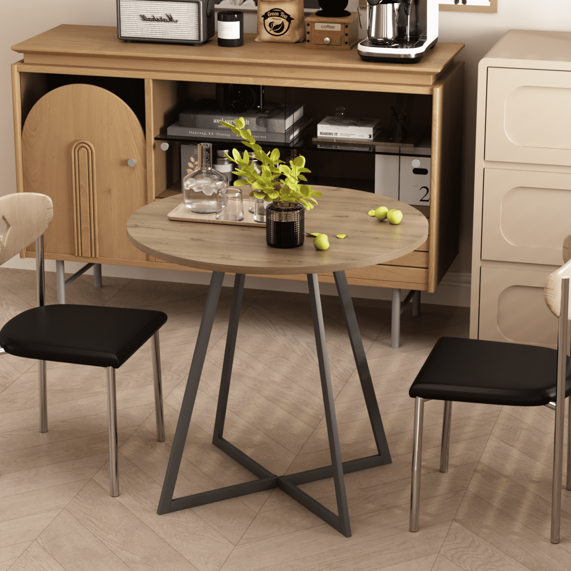 31.5 Inch Round Dining Table with Wood Top Black Metal Legs Modern Kitchen Breakfast Table for 4