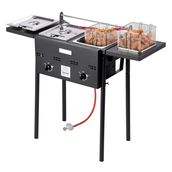 Propane Deep Fryer - Dual Tank 16QT Commercial Fryer, Stainless Steel Outdoor Cooker with Foldable Tables, Dual Basket & Temp Control