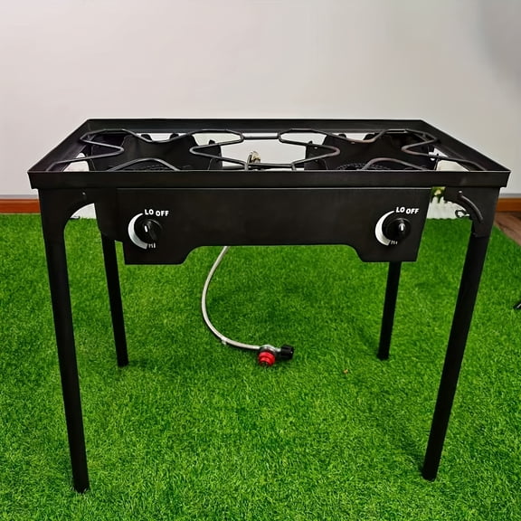Propane Double Burner Two Burner Camp Stove Outdoor High Pressure Propane 2 Burner Adjustable PSI Regulator and 4.1ft Steel Braided Hose With Removable Legs