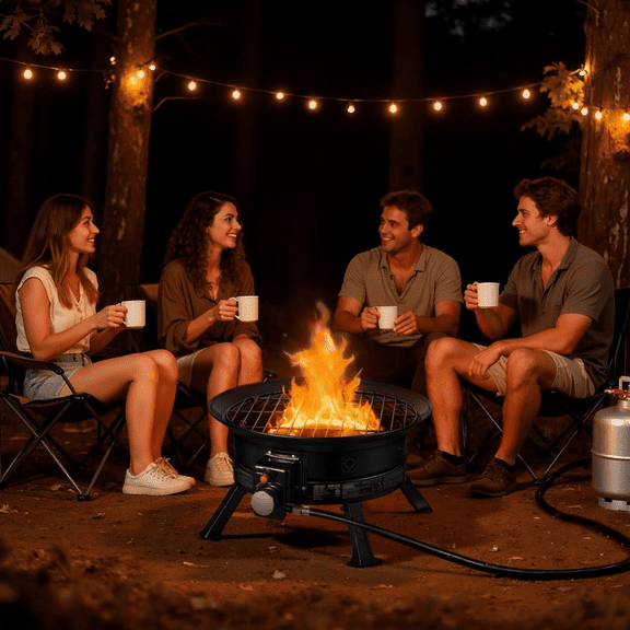 Propane Fire Pit 24 Inch, 53000 BTU Portable Gas Fire Pit with Grill Grate & Lava Rocks, Adjustable Flame, Smokeless Outdoor Firebowl for Patio, Camping, RV