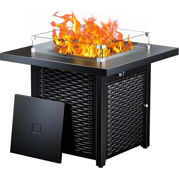 Propane Fire Pit, 28 Outdoor Gas Fire Pit, 50,000 BTU Steel Fire Table with Glass Wind Guard, Lid & Lava Rock, Add Warmth and Ambience to Gatherings and Parties On Patio Deck Garden BackyardFire P