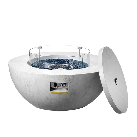 Propane Fire Pit Outdoor, 39 Inch Concrete Gas Fire Pit Tabletop with Lava Rocks, 50000 BTU Adjustable Flame