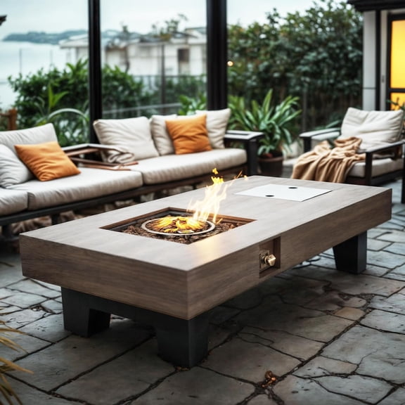 Propane Fire Pit, Outdoor Gas Fire Pit Table with Rain Cover, Rectangular Heater for Patio, Backyard, Deck, 50,000BTU Outdoor Modern Patio Fire Pit (Wood, 54)