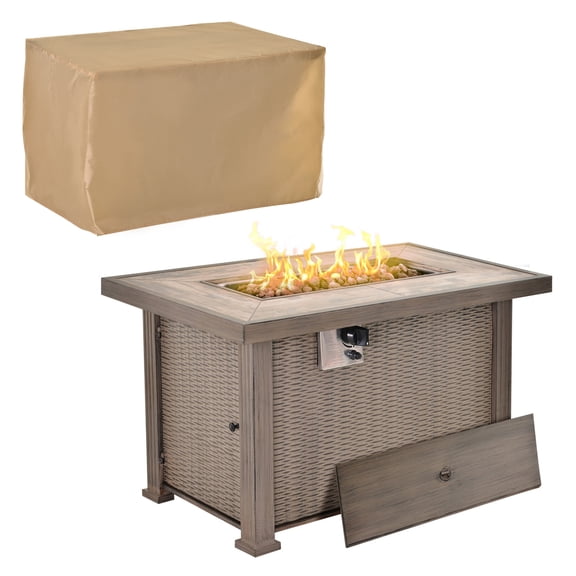 Propane Fire Pit Table 42" Outdoor Gas Fire Table, 30000 BTU, Wicker Effect, Rectangular, with Lid & Cover