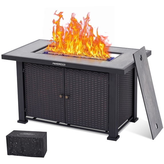 Propane Fire Pit Table 44 Inch, 50000BTU Rectangle Fire Table with Cover & Rain Cover, Sturdy Steel and Iron Fence Surface, Companion for Your Garden