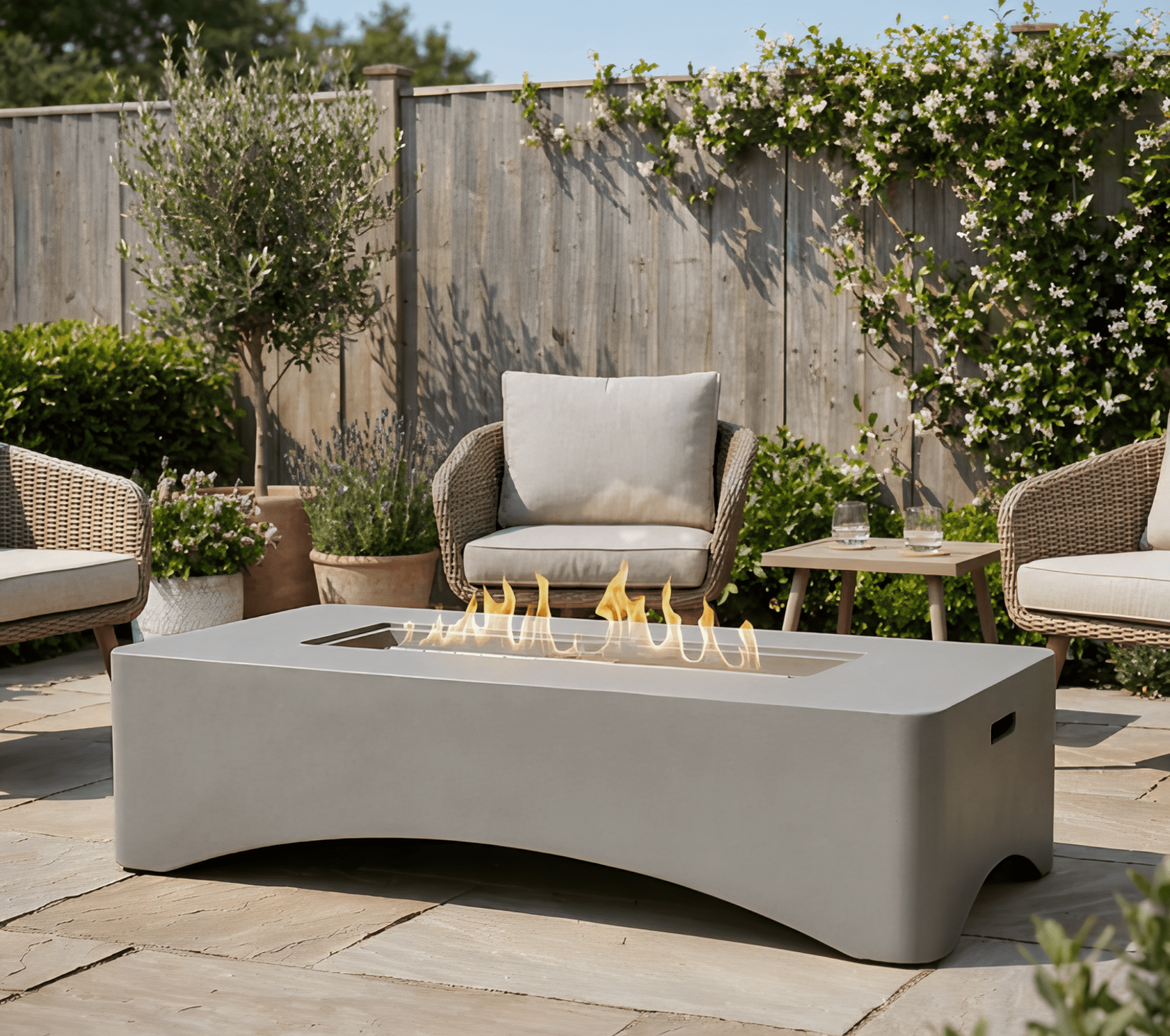 Propane Fire Pit Table, Rectangular Outdoor Gas Fire Pit 50,000 BTU, Modern Minimalist Fire Table for Patio Backyard Deck, Concrete Firepit with Waterproof Cover, Lava Rocks & Tank Seat–Light Grey
