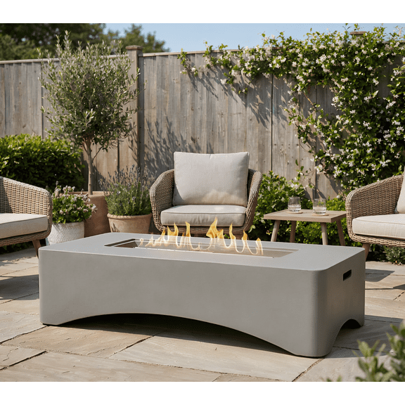 Propane Fire Pit Table, Rectangular Outdoor Gas Fire Pit 50,000 BTU, Modern Minimalist Fire Table for Patio Backyard Deck, Concrete Firepit with Waterproof Cover, Lava Rocks & Tank SeatLight Grey