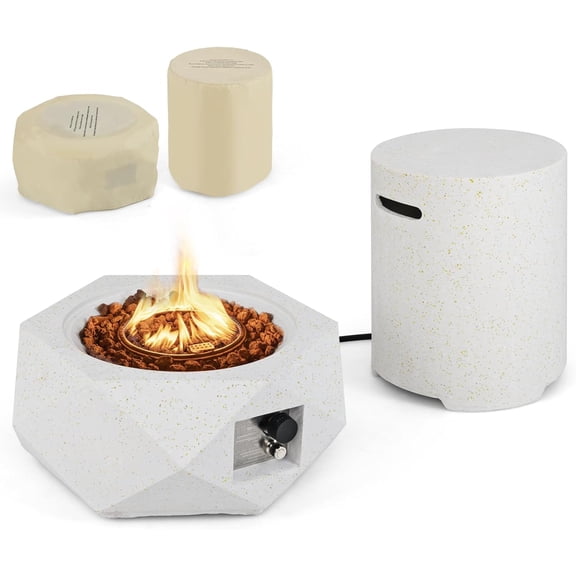 Propane Fire Pit Table Set, 28 Hexagon Terrazzo Gas Fire Pit with Hideaway Tank Holder, Stainless Steel Burner & Lava Rocks, Cover Included, 40,000 BTU Smokeless Fire Pit for Outside Patio