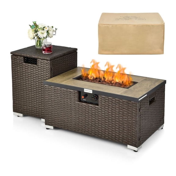 Propane Fire Pit Table Set - 32x20 Inch Rattan Outdoor Fireplace with Side Table & Cover - 40000 BTU, Brown