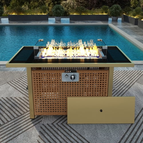 Propane Fire Pit Table Wicker & Steel, 60,000 BTU Rectangular Outdoor Heater with Tempered Glass Wind Guard & UV-Resistant Rattan, Orange