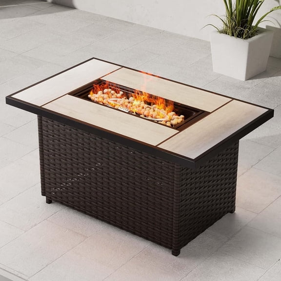 Propane Fire Pit Table with Cover/Lid for Patio, 43 inch 50,000 BTU, All-weather Resin Wicker/Rectangle