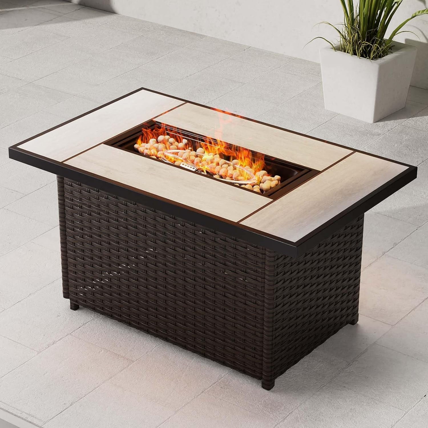 Propane Fire Pit Table with Cover/Lid for Patio, 43 inch 50,000 BTU, All-weather Resin Wicker/Rectangle