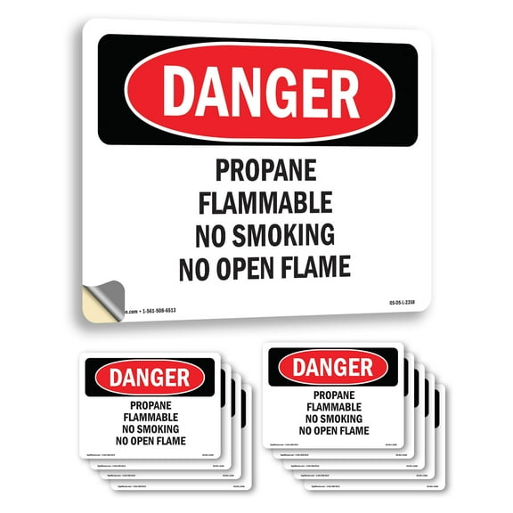 Propane Flammable No Smoking No Open Flame OSHA Danger Vinyl Decal Label 10 Inch x 7 Inch - 10 Pack