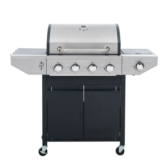 Propane Gas BBQ Grill with Side Burner 42,000 BTU Output Stainless Steel 4-Burners for Outdoor Cooking Kitchen Patio Backyard Barbecue, Silver