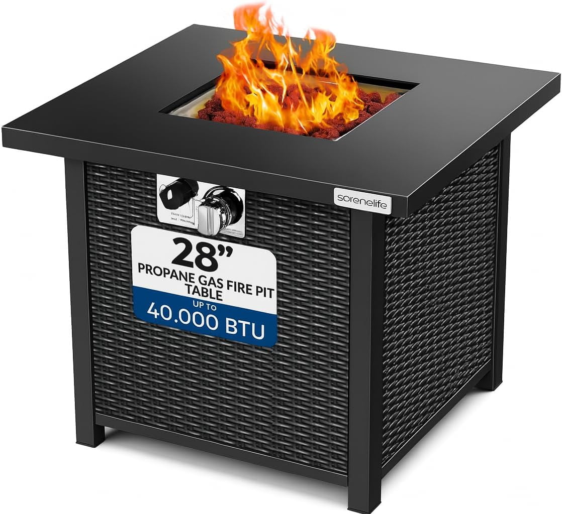 Propane Gas Fire Pit Table - 28 inches 40,000 BTU Square Gas Firepits with Cover for Outside