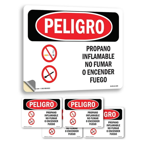 Propane Gas Flammable No Smoking Spanish OSHA Danger Vinyl Decal Label 7 Inch x 5 Inch - 5 Pack