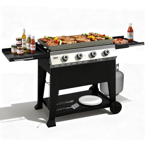 Propane Gas Griddle 4-Burner BBQ Gas Grill Stainless Steel 40,000 BTU Outdoor Barbecue Flat Top Grill for Camping, Patio, Backyard