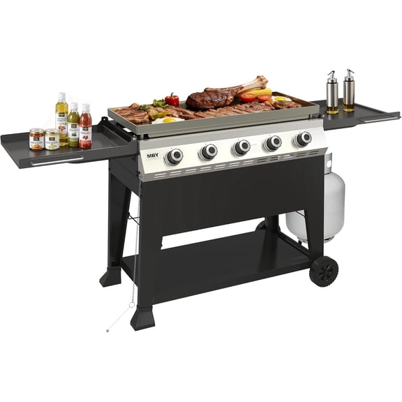 Propane Gas Griddle 5-Burner BBQ Gas Grill Stainless Steel 50,000 BTU Outdoor Barbecue Flat Top Grill for Camping, Patio, Backyard