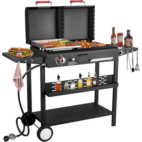 Propane Gas Griddle Charcoal Grill Combo Flat Top Griddle W/Dual Lids & 2 Side Shelves Dual Fuel BBQ Grill for Outdoor Barbecue