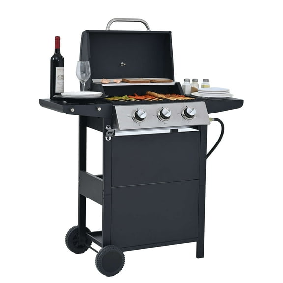 Propane Gas Grill 3 Burner Barbecue Grill, Stainless Steel 26,000 BTU Patio Garden Barbecue Grill with Two Side Shelves