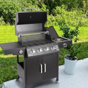 Propane Gas Grill 4 Burners with Side Burner, Side Table, 48,000 BTU Output Steel Grill Cart Style for Patio Garden Outdoor Cooking Picnic Backyard Barbecue
