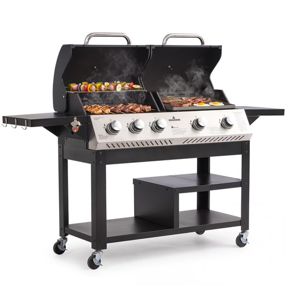 Propane Gas Grill and Griddle Combo with Porcelain-Enameled Cast Iron Grate, 5-Burners Outdoor Propane Grill of 54,000 BTU, 626 SQ.IN Cooking Area, Dual Barbecue Grill for Patio, Garden