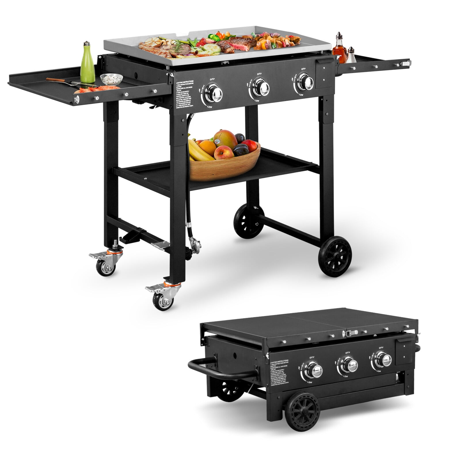 Propane Gas Grill and Griddle Combo with Grilling Gear Set, 3Burner