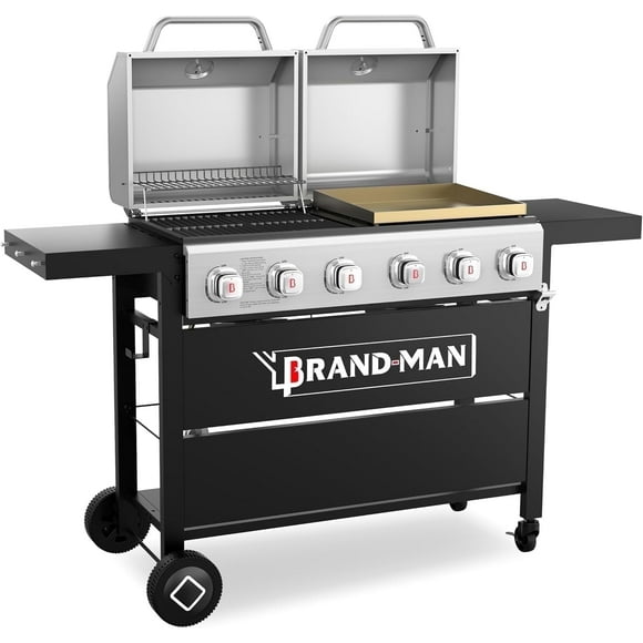 Brand-Man Griddle Grill Combo 6-Burner, 2 in 1 Versatile Propane Gas Grill and Griddle with Stainless Steel Lids, BBQ Combo for Outdoor Kitchen & Barbecue Cooking