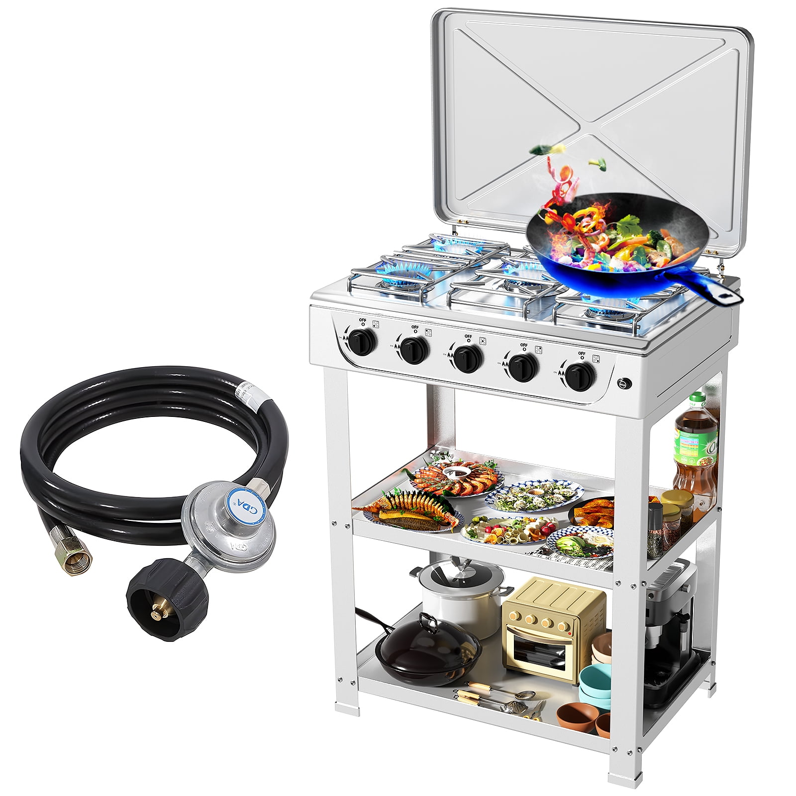 Propane Gas Stove,5 Burner Propane Burner,Auto Ignition Camping Stove with Support Leg Stand and Wind Blocking Cover Adapter, Portable Gas Stove for RV, Apartment, Outdoor Cooking