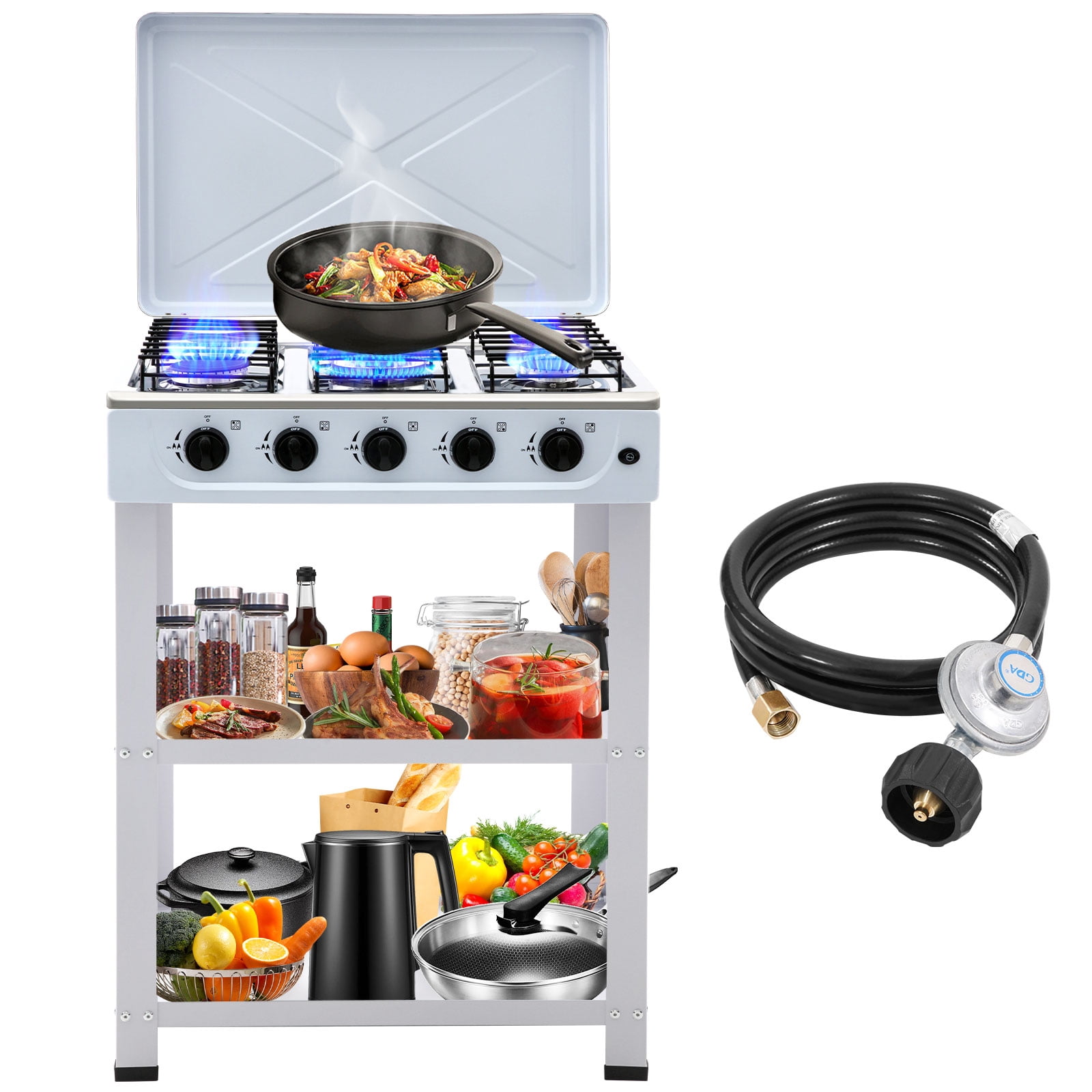 Propane Gas Stove, 5-Burner Propane Burner with Auto Ignition, Portable Gas Stove with Support Leg Stand & Wind Blocking Cover Adapter for RV, Apartment and Outdoor Cooking