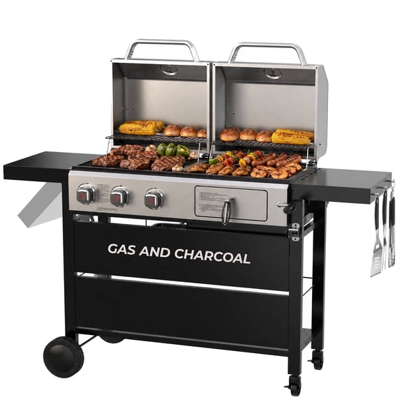 Propane Gas and Charcoal Grill Combo, Dual Fuel Outdoor BBQ Grill Stainless Steel Lids for Patio Garden Picnic Backyard Barbecue Cooking, Silver