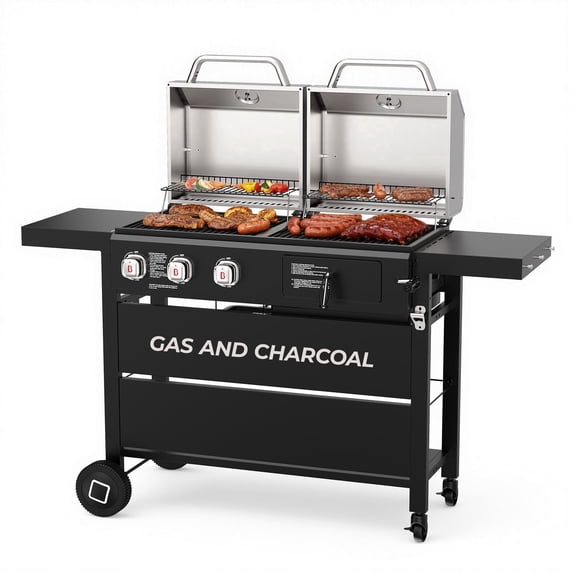 Flintex Propane Gas and Charcoal Grill Combo, Dual Fuel Outdoor BBQ Grill Stainless Steel Lids for Patio Garden Picnic Backyard Barbecue Cooking