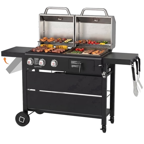 Flintex Propane Gas and Charcoal Grill Combo, Dual Fuel Outdoor BBQ Grill Stainless Steel Lids for Patio Garden Picnic Backyard Barbecue Cooking