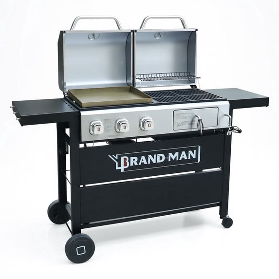 Brand-Man Propane Gas & Charcoal Grill and Griddle Combo, Dual Fuel BBQ Grill with Dual Lids for Outdoor Barbecue, Sliver & Black